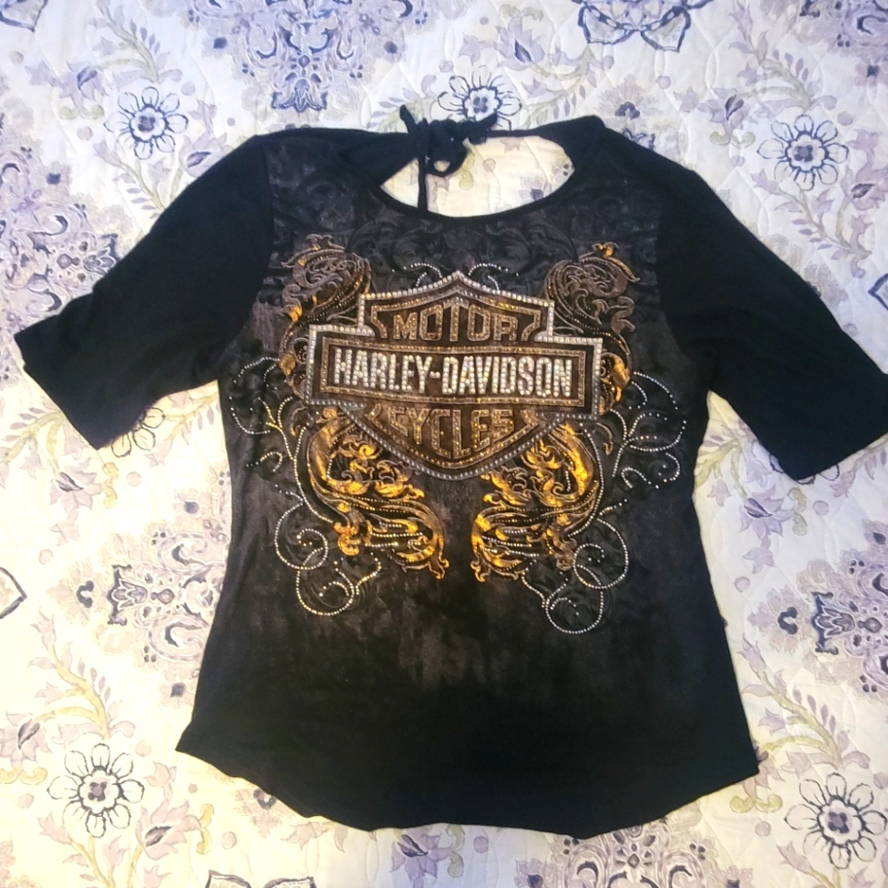 Size Large black Harley Davidson embellished top.
